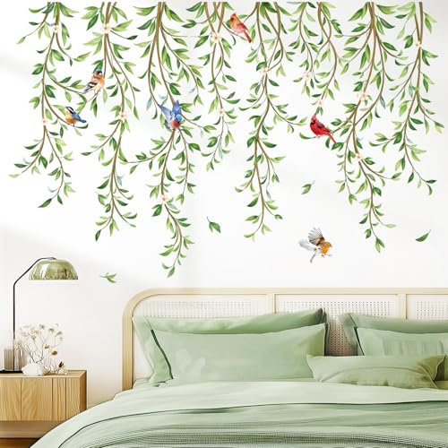 wondever Hanging Green Vine Wall Stickers Plants Leaves White Floral Birds Peel and Stick Wall Art Decals for Bedroom Living Room Sofa