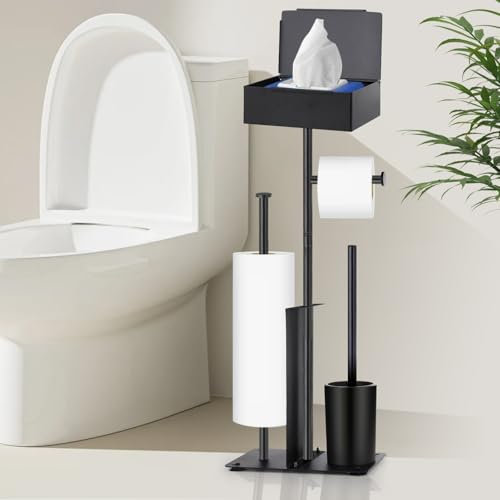 Porte-Papier Toilette Debout en Acier Inoxydable avec Brosse WC, GUIGUZI Set Porte-Papier et Brosse de Toilette en avec Boîte à lingettes Humides (Noir)