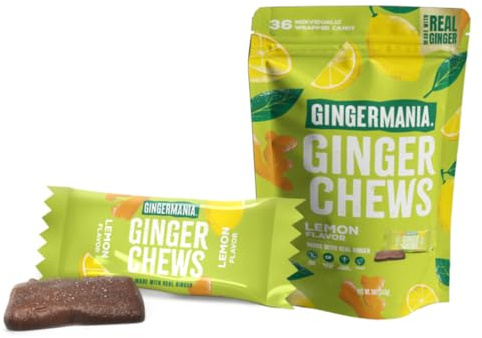 Gingermania™ Ginger Chews | Lemon Flavor | Made with Real Ginger & Lemon | Sweet, Spicy & Citrusy Candy | 36 Individually Wrapped Chews Per Bag | 5oz Bag (Pack of 6)