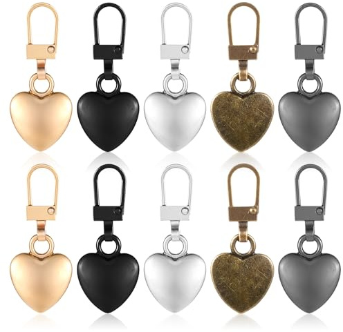 Oruola 10pcs Zip Puller Replacement,Metal Replacement Zipper Pull,5 Color | for Luggage, Heart Zipper Pull Charm, Backpacks Purses Jackets Handbags Keychain, DIY Crafts Jewellery Making