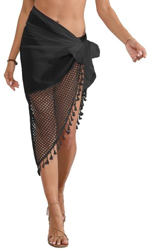 NLAND Pareos Playa Mujer Pareo Bikini Cover Up Cubierta Sarong para Mujer Falda de Gasa Corta con Borla de Playa，Negro Talla única