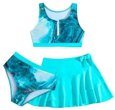Momkonzz Girls 3 Piece Swimsuits Kids Bikini with Skirt Tie Dye Swimming Costume Teen Tankini for Beach Pool 7-14T (Blue, 11-12T)