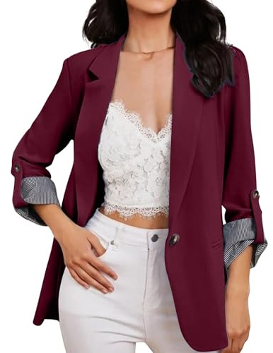 Blazers för kvinnor UK business ledig öppen framsida arbete kontor blazer cardigan uppklädd justerbar ärm en knapp jacka med fickor för damer, vin, XXL