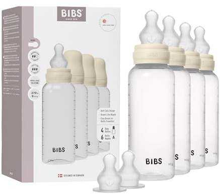 BIBS Baby Plastic Bottle 4-Pack 270ml. Anti-Colic. Round Silicone Teat. Supports Natural Breastfeeding, Complete Set - 270 ml (Pack of 4 + 2 Extra Teats), Ivory