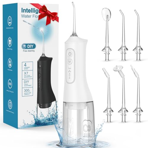 Water Flosser, Rechargeable 300ML IPX7 Waterproof Cordless Portable Oral Irrigator with 4 Modes & 6 Replaceable Jet Tips-Professional Flossing Cleaner for Daily Home Use,Travel,Gums,Braces Care-White