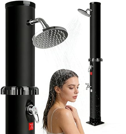 Thotvend Ducha solar exterior 40L, ducha de jardín con temperatura ajustable hasta 60 °C, cabezal de ducha giratorio y ducha, grifo de pie, 215 cm