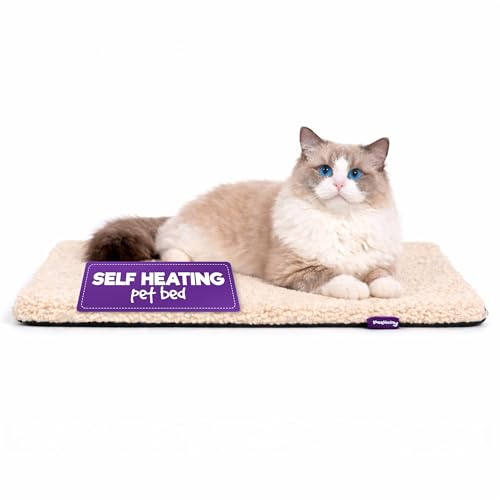 Petlicity Self Heating Cat Bed, 60x45cm – No Electricity Required Heated Cat Bed with Noiseless Thermal Film - Machine Washable, Non-Slip Base Cat Heating Pad for Winter - Beige