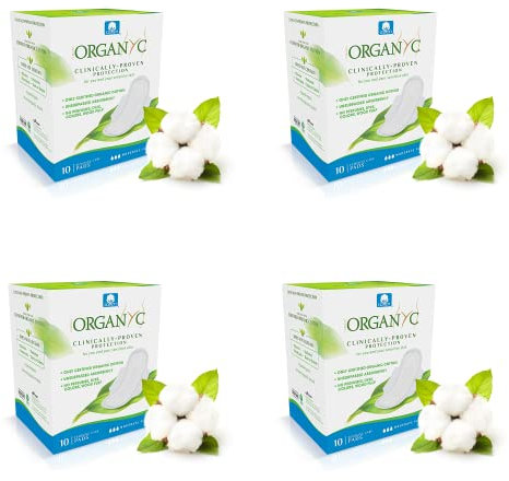 Organyc Hygienebinden für den täglichen Gebrauch mit gefalteten Flügeln aus 100% Bio-Baumwolle - 4 Packungen zu je 10 Stück (Insgesamt 40 Stück)
