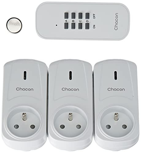 Chacon 54660 Lot de 3 Prises télécommandées ON/OFF 2000 W + Télécommande 3 canaux