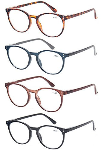 4 Pack Retro Round Reading Glasses Men Women Spring Hinges Lightweight Quality Readers (2.0, 4 Mix Color)