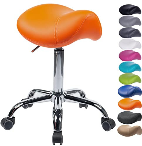 1stuff® Sattelhocker Sattelstuhl MULY - Sitzhöhe bis ca. 74cm - ergonomischer Rollhocker Bürohocker Arzthocker Arbeitshocker Praxishocker Drehhocker (Lederimitat orange)