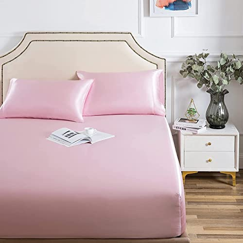Damier Satin-spännlakan på 180 x 200 cm, rosa silkesglänsande lakan av hög kvalitet, lyxigt satin deluxe sänglakan, lämpligt för madrasser upp till 25 cm