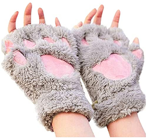 Qersh Katzenpfote Handschuhe - 1 Paar Kawaii Katzenpfoten Cosplay Kunstpelz Plüsch für Frauen, Löwenpfoten Fingerlose für Mädchen (E, Keine Fingerlinge)