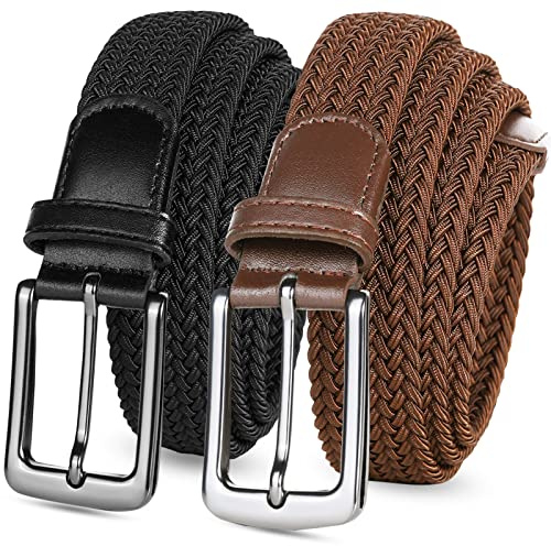 FINGER TEN Men's Stretch Belts Elastic Braided Value 2 Pack, Woven Belt for Golf Casual Pants Shirts Jeans (fit for Waist Size 38-42, Black+Beige)