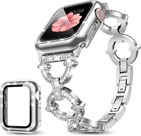 Mesime Compatible with Apple Watch Band 38mm 40mm 41mm 42mm 44mm 45mm , Women Girl Bling Diamond Jewelry Metal Strap Bands with Crystal Tempered Glass Screen Protector Case, Round Shiny Bracelet