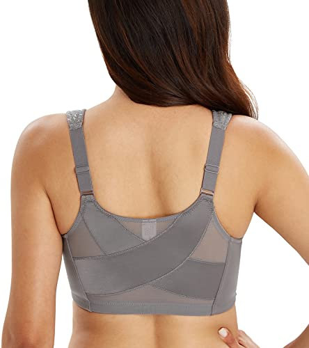 Lemorosy Women's Wirefree Jacquard Back Support Bra Full Figure Front Closure Posture Underwear(Grey,38D)
