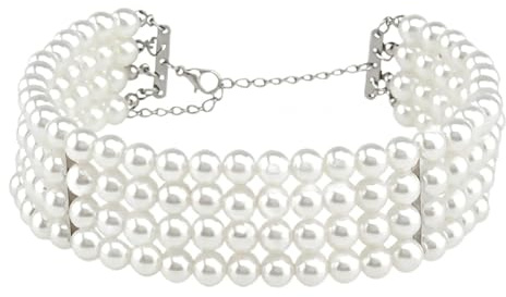 JKJF Collier de perles simulées à 4 rangées de perles - Collier ras du cou multicouche - Élégant et tendance - Collier de perles courtes rétro - Accessoire de costume pour femme et fille, Perle, Perle