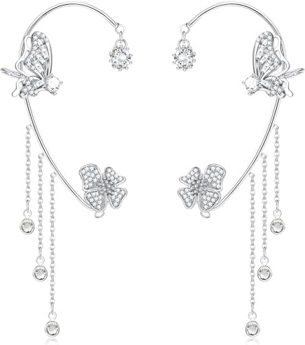 BSLVWG Ensemble de 2 Pièces Boucles d'Oreilles Papillon, Clip d'Oreille Sans Trou, Sac Fleur Gland Pour Les Femmes