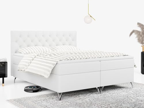 MKS MEBLE Boxspringbett 160x200, Bett mit Matratze H4, Boxspringbett mit Bettkasten und Topper, Polsterbett mit Füße - GRIMALDI - 160x200 - Weiß Kunstleder - H4