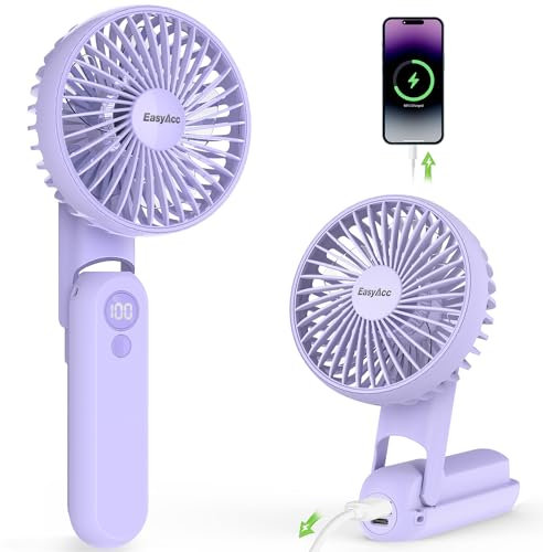 EasyAcc LED Ventilateur Portable 2600mAh avec Cordon, Ventilateur USB de Batterie 18H Ventilateur Rechargeable Silencieux 5 Vitesses Pliable180° Recharger Smartphones pour Voyage Extérieur-Violet