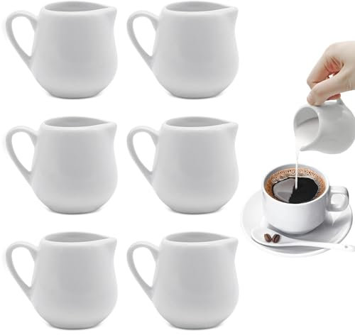 ICEBLUEOR Set of 6 Small Milk Jugs,110ml White Ceramic Milk Jug with Handle,Gravy Jug,Milk Pots,Mini Milk Creamer Pitcher, Non-Drip Milk Pouring Jug for Milk Coffee, Suitable for Kitchen Office Café
