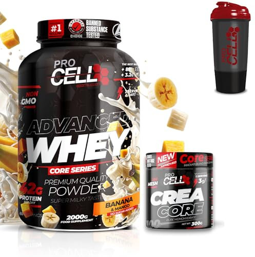PACK Procell Proteinas Whey Advanced 2Kg (Banana Mango) + Creatina monohidratada 300Gr + Shaker REGALO Gana masa muscular, Fuerza, Resistencia, Tonificacion muscular, Recuperacion deportiva