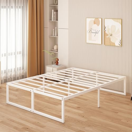 Yicensen Sängram 160x200 cm, Dubbelsäng Plattform Metallsäng med Tunga Metalllameller för Stabilt Stöd, Enkel Montering, Ljudfri, Ingen Boxfjäder Behövs, 46 cm Hög, Vit