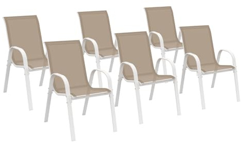 IDMarket - Set di 6 sedie da giardino impilabili LYMA in metallo e textilene, bianco e beige