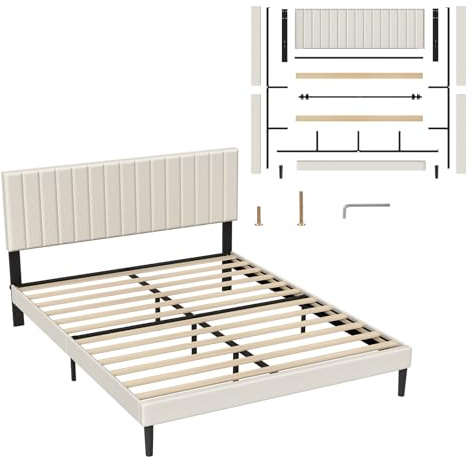 UISEBRT Sängklädselsäng 160 x 200 cm – sängram med knappar, plattformssängram med vadderat huvudgavel av sammet, träpinnstöd, dubbelsäng för vuxna, modern design (beige)