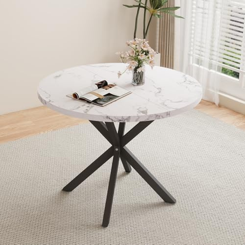 HJhomeheart Esstisch, runder Küchentisch, moderner runder Tisch, Dicke MDF-Platte und Metallbeine, für Wohnzimmer, Esszimmer,Weiß+Schwarz