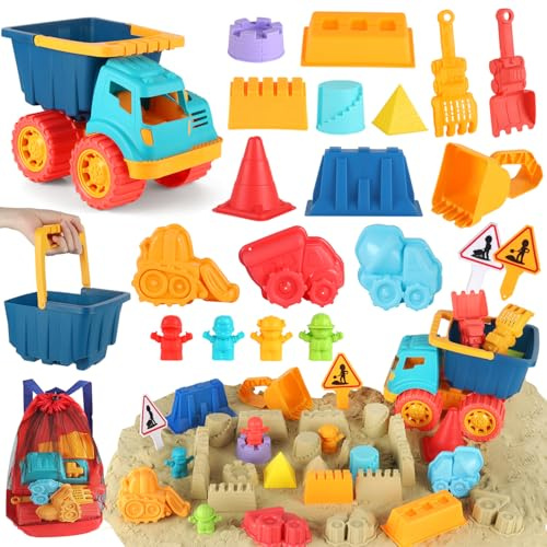 Elovien Beach Sand Toys, Large Dump Truck with Bucket, Sandbox Construction Toy Sand Castle Building Kit with Mesh Bag, Sand Molds, Shovels, Worker Figures, Kids Toddlers Summer Outdoor Travel Toys