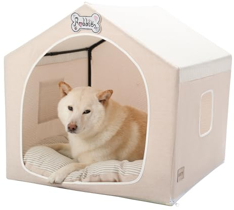 Jiupety Hundehöhle Hundehütte Indoor mit Rahmen, Waschbare, Zusammenklappbare Hundezelt, Hundehaus für Drinnen, Belüftbares Hundebett mit Dach für 9-18 kg, L Größe 64x64x64 cm, Beige