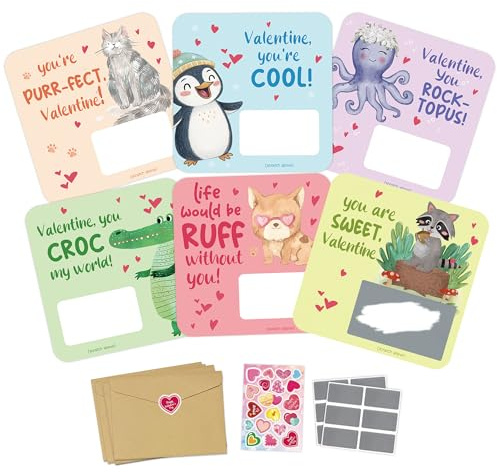 Hippeny 12PCS Cute DIY Scratching Cards for Students Valentines, Boys Girls Classroom Animal Pun Valentine's Day Exchange Gift, DIY Scratch-off School Vday Cards