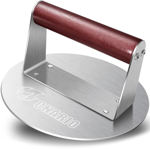 CNARIO Pressa per hamburger in acciaio inox, 16 cm, con manico in legno, per hamburger, resistente al calore e antiaderente, pressa professionale Patty per grigliate, barbecue, facile da pulire