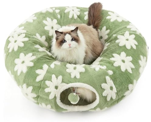 Kattunnel Tvättbar Plys Grotta Leksak med Boll | Blomsterdesign Interaktiv Katt Tunnel Leksak Avsedd för Klösning och Tandning Inomhus och Utomhus för Kattungar Kaniner och