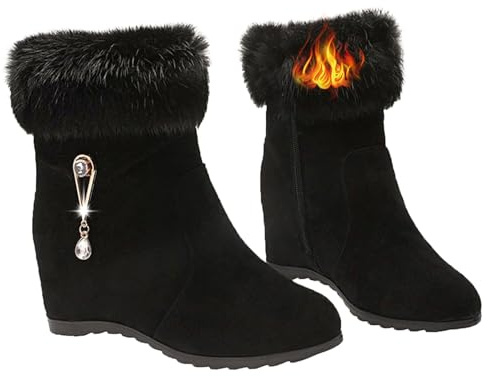 YHTRFDMSG Bottines à talons compensés élégantes pour femme avec strass - En daim synthétique - Fourrure chaude - Élégantes, Noir , 40 EU