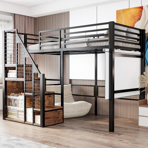 Merax Lit superposé 90x200 cm, lit enfant avec échelle de sécurité, cadre en fer, compartiment de rangement, escalier avec grille à mailles, espace de rangement ouvert, lit pour adolescent, lit simple