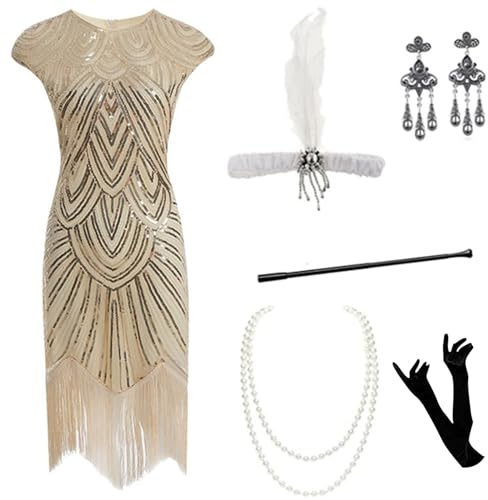 Dam 1920-tals klaff klänning Great Gatsby – paljett pärlfransar Charleston V-ringade klänningar – vintage retro elegant fest bal cocktailklänning fin klänning damer tillfällen kläder
