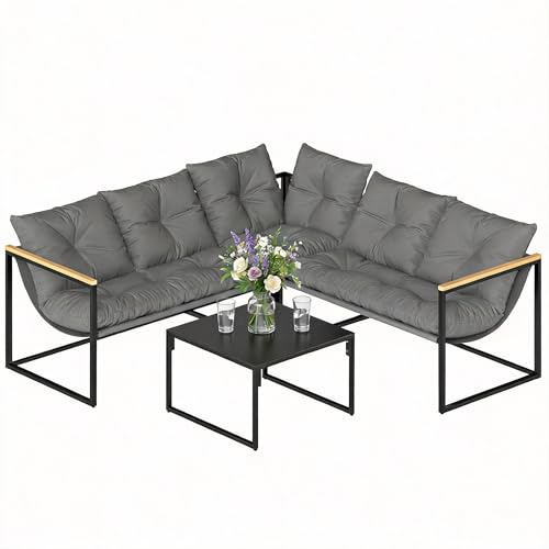 Outsunny Conjunto de Muebles Jardín Exterior de 4 Piezas Forma L Gris | Sofá Seccional Resistente, Cojines Gruesos, Sofá de Esquina, 2 Sillones de 2 Plazas, Mesa Centro Vidrio Templado
