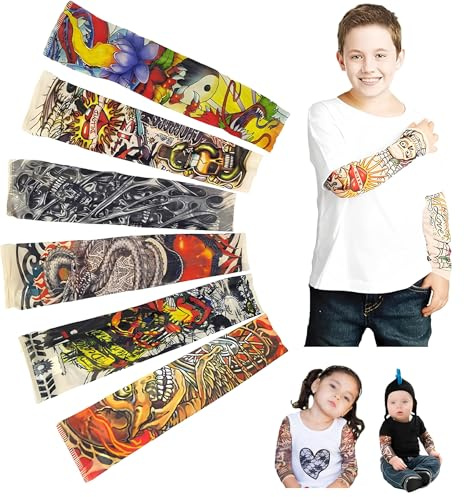 iToolai Lot de 6 manchons de tatouage temporaire pour enfants, faux bras à enfiler – Aigle, crâne, dragon, clown, serpent, etc