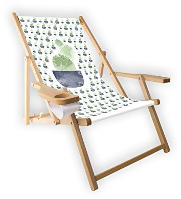 MultiBrands® Holz-Liegestuhl, mit Armlehne und Getränkehalter, klappbar, Motiv Kaktus