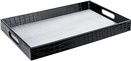 Home Redefined 45,7 x 30,5 cm Silber & Schwarz Glänzendes Krokodil-Kunstleder Serviertablett Schönes, Modernes, Elegantes Dekoratives Tablett mit Griffen, Ottomane, Couchtisch Tablett für alle Anlässe