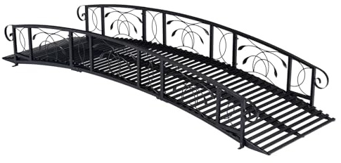 KINTNESS 8FT Garden Bridge Metal Yard Arch Path Bridge with Safety Siderails, Delicate Scrollwork for Backyard