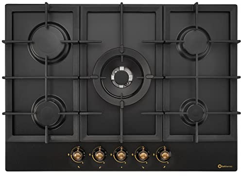 SOLTHERMIC BL032 PLACA GAS NEGRA RUSTICA CON MANDOS DORADOS/ANCHO 70 CM ENCASTRABLE EN HUECO DE 60 CM / 5 FUEGOS CON ENCENDIDO AUTOMATICO/PARRILLA HIERRO FUNDIDO