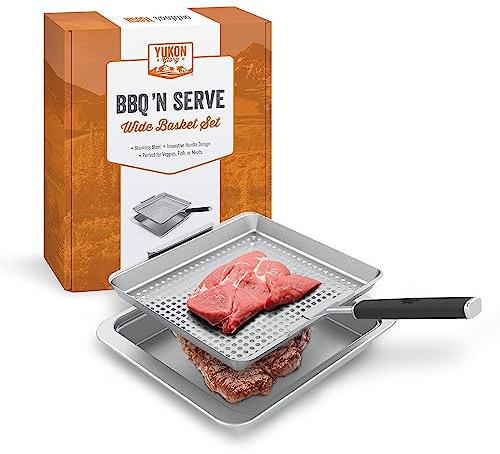 Yukon Glory™ BBQ 'N SERVE Wide Basket Set - BBQ Grill Basket - The Grilling Basket Includes a Serving Tray & Clip-On Handle - Perfect Grill Baskets for Outdoor Grill Vegetables or Fish Basket & Meat