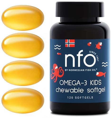 NFO OMEGA 3 KIDS [120 Mini Gélules à mâcher] Oméga 3 pour enfants Tutti-frutti, Huile de poisson norvégienne, EPA & DHA sous forme de triglycérides, Vitamines D3 & E, Issus de poissons sauvages