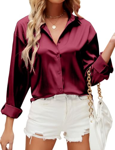 HANERDUN Chemisier pour Femmes Manches Longues Chemise à col en V La Soie Élégante Casual Tops Chemisier uni de Travail à Boutons sur Le Devant Top de Soirée Business