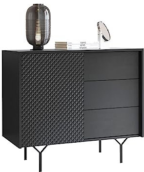 Mirjan24 Kommode Razimo KSZ97 mit Tür und 3 Schubladen, 2 Fächer, Griffloses Öffnungssystem - Push to Open, Anrichte, Kombikommode, Mehrzweckschrank, Wohnzimmerschrank (Schwarz Graphit)