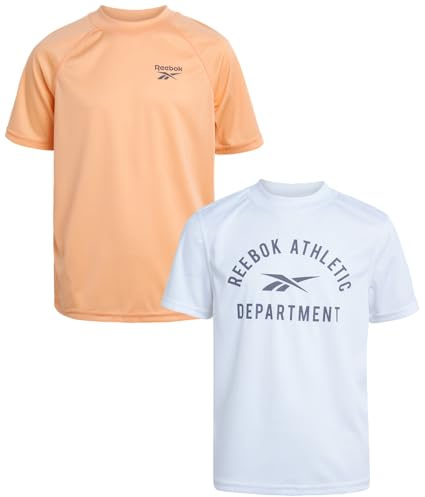 Reebok Boys' UPF 50+ Rash Guard Short Sleeve Swim Shirt, Quick Dry UV Sun Protection Swimwear 2-Pack, Size Medium, White/Orange