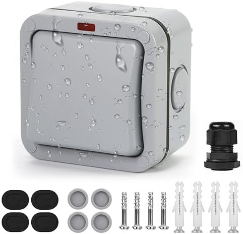 Idota Lichtschalter Außen Wetterfester Schalter Universalschalter, 20A IP66 Wasserdichter Schalter mit Staub Unabhängigem Schalter Und Kontrollleuchte Lichtschalter Aufputz für Outdoor Garten Balkon